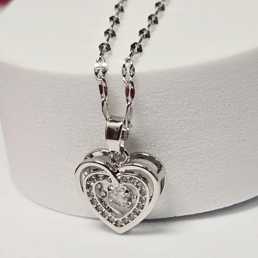 Silver Double Heart CZ Pendant Necklace – Stainless Steel Classy Elegant Minimal